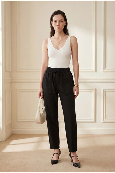 MY FASHION Ankle Length Solid Gabardine Pants with Drawstring Waist