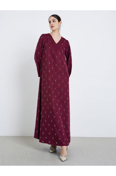 Women Burgundy Foil Print A-Line Jalabiya