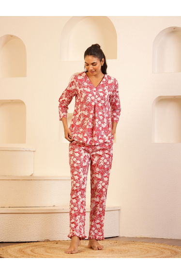 Women Pink Floral Print V Neck Top and Pyjama Set