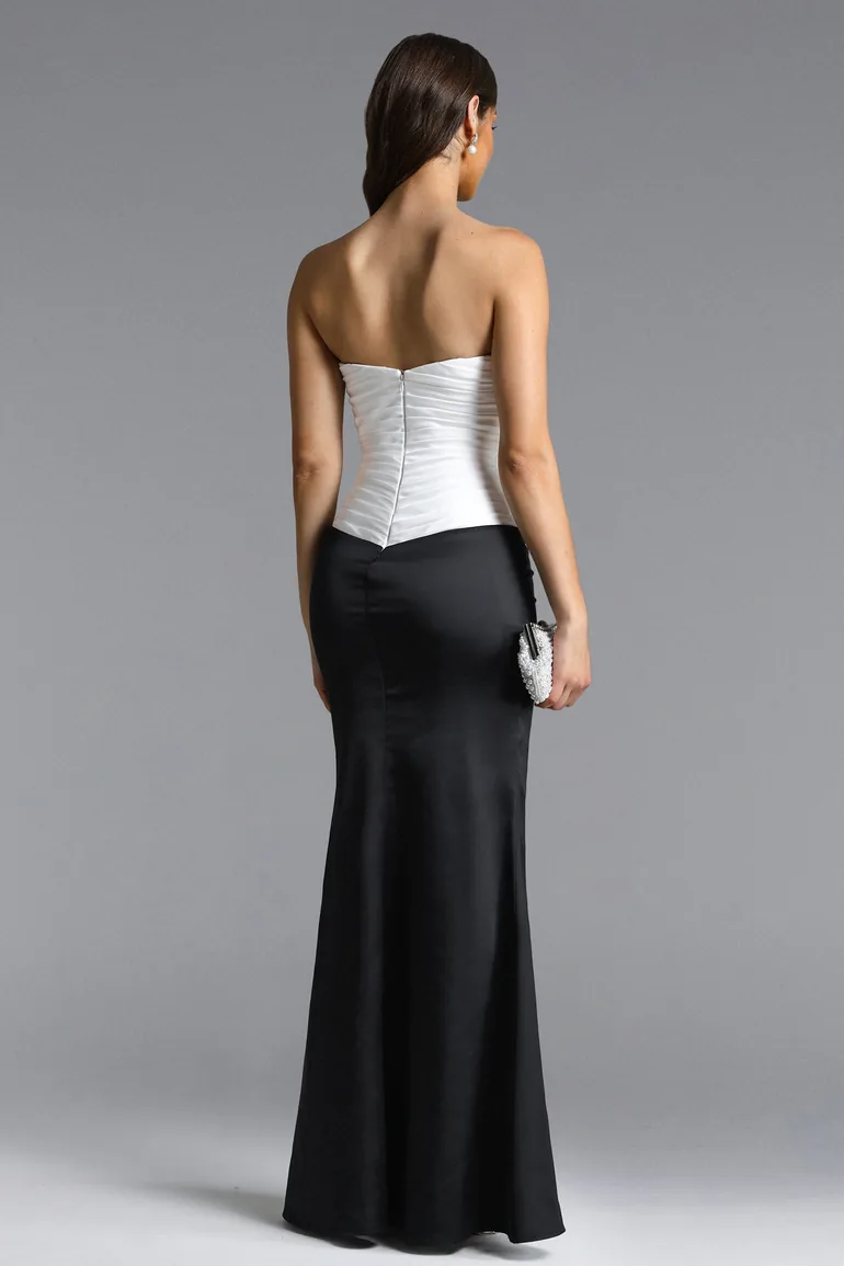 Diona Elegant Contour Strapless Pleated Contrast Satin Maxi Dress - 5