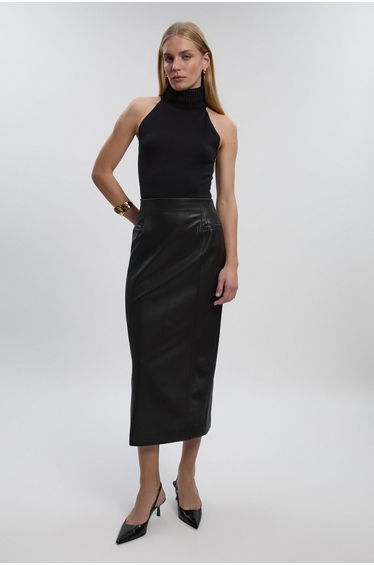 Petite Faux Leather Seam Waist Detail Pencil Midi Skirt