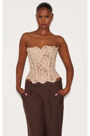 Almond Textured Sheer Floral Lace Corset