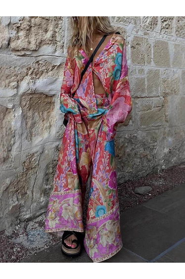 Unique casual floral Print Button Down Oversized Blouse