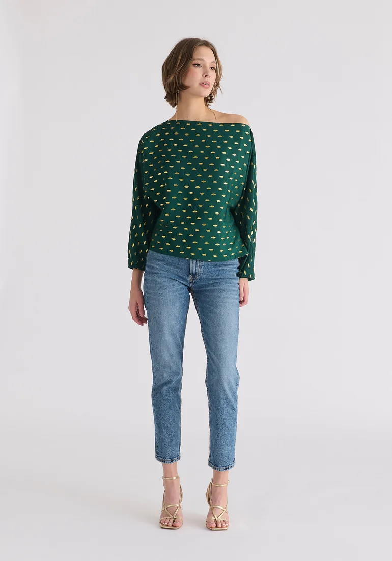 Gold Foil Print Boat Neck Top - 3