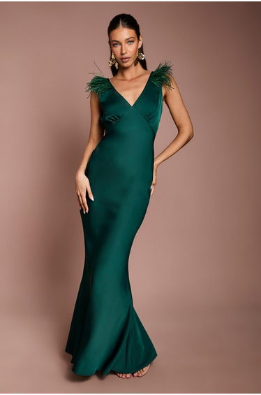 Feather Shoulder Detail V Neck Satin Maxi Dress