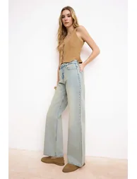 Blue High Waist 100% Cotton Wide Leg Wide Leg Jeans - 3