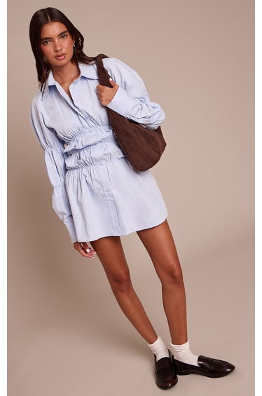 Blue Ruched Long Sleeve Shirt Dress