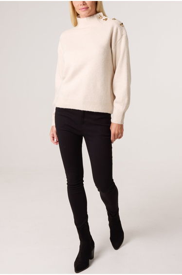 Turtle Neck Shoulder Brooch Detailed Jumper
