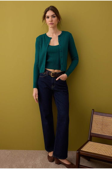 Dark Green 2-Piece Basic Knitwear Cardigan-Blouse Set