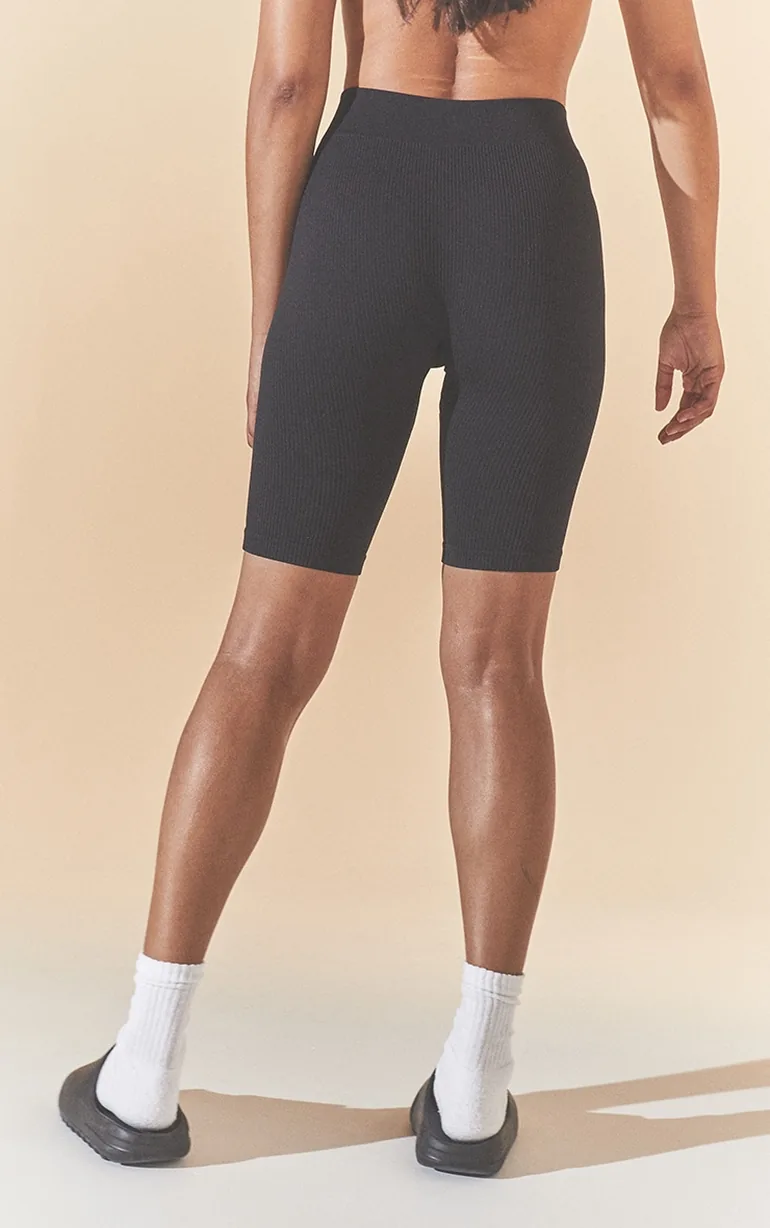 Black Structured Contour Rib Cycle Shorts - 1