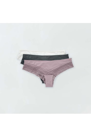 Pack of 3 cotton and lace tanga briefs grey pink