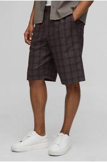 Elasticated Waist Baggy Fit Long Check Shorts - brown