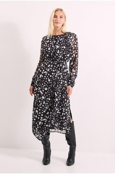 Mono Spot Pleat Neck Drape Midi Dress