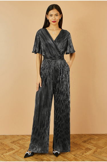Yumi Black Metallic Pleated Jumpsuit With V Neck