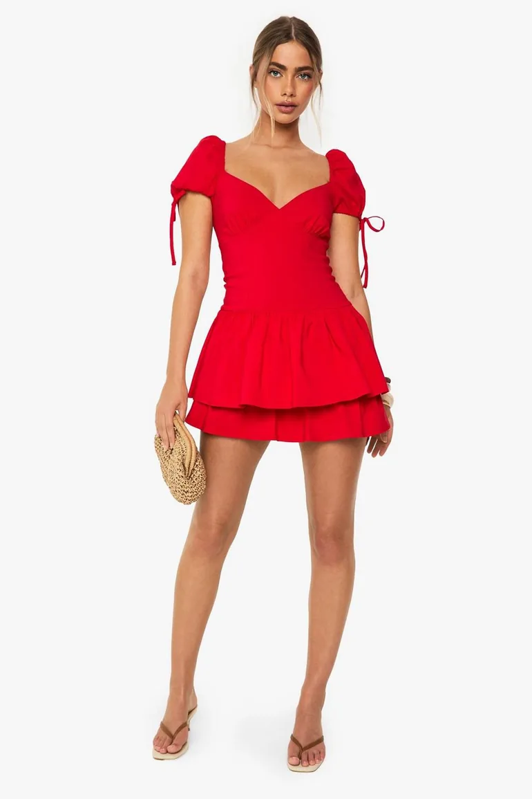 Frill Puff Sleeve Milkmaid Mini Dress - red Boohoo Red : Party Dresses :  VogaCloset Oman