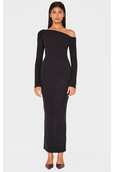Black Ribbed Bardot Long Sleeve Maxi Dress