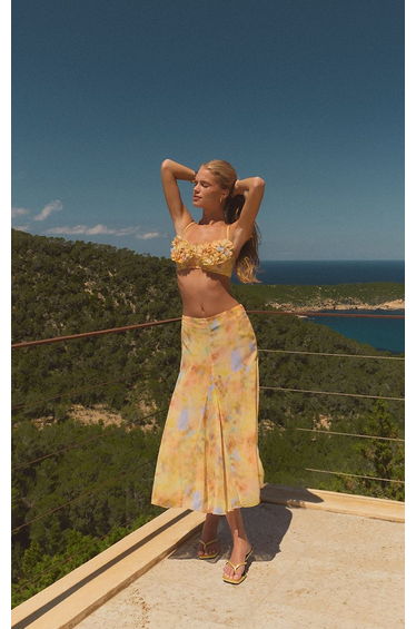 Pale Yellow Chiffon Printed Tie Dye Godet Midi Skirt Co-ord