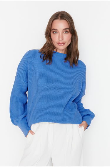 Blue Wide Fit Crew Neck Knitwear Sweater