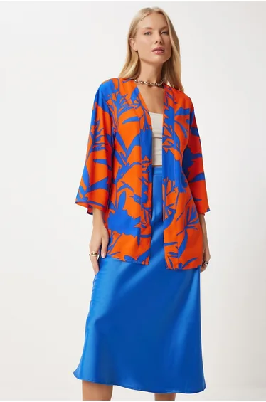 Women's Blue Orange Patterned Viscose Kimono