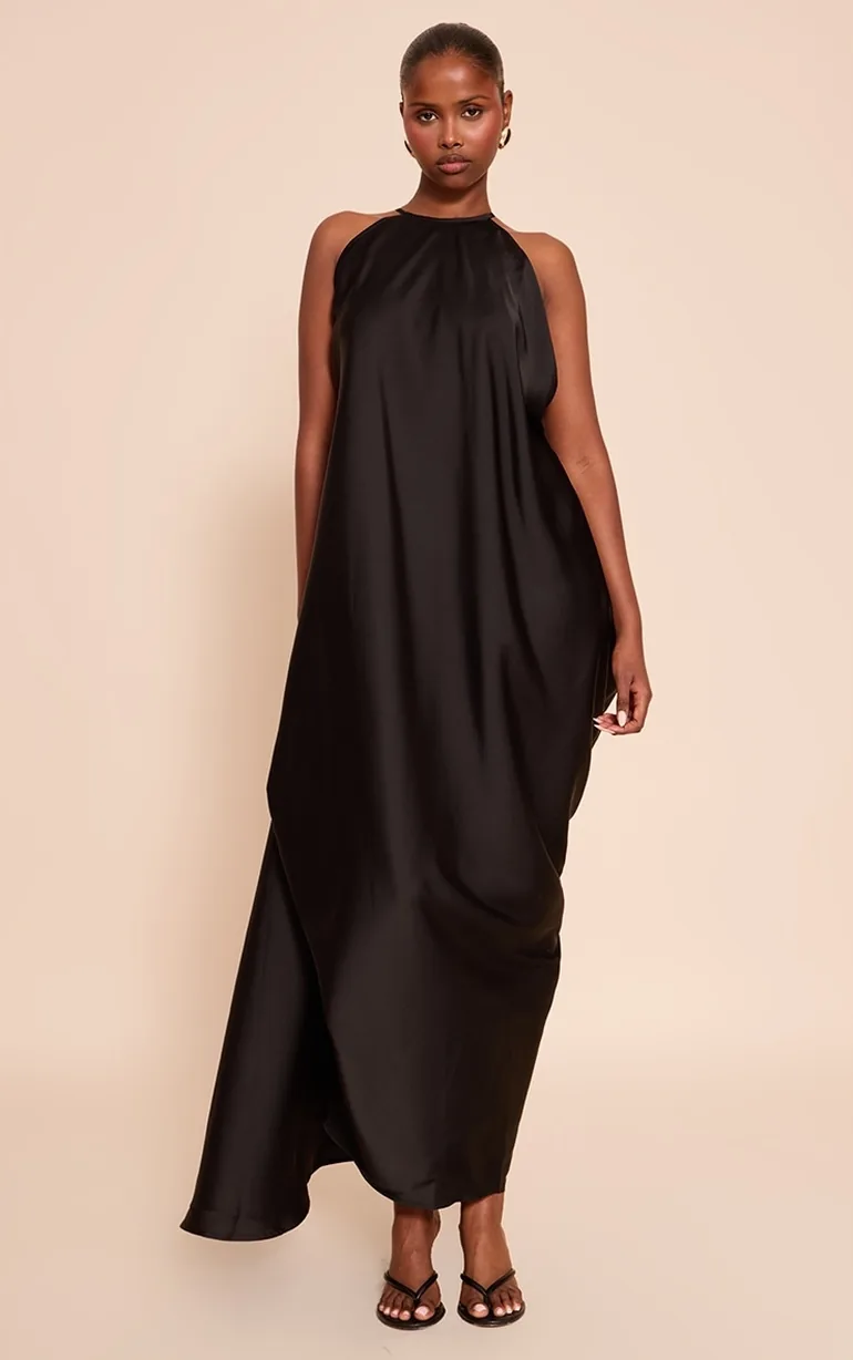 black satin drape back dress Satin Cowl Back Maxi Dress - Black