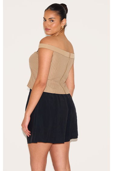 Plus Brown Striped Peach Skin Bardot Long Top product thumbnail 3