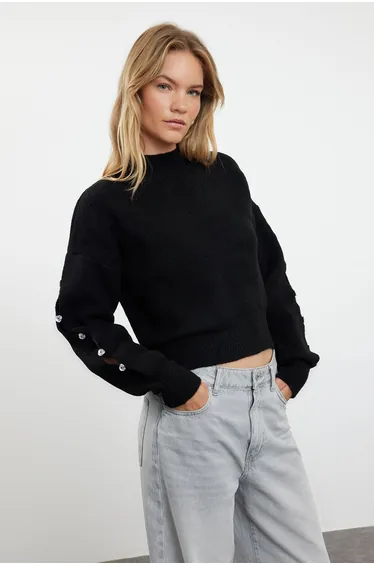 Black Soft Textured Button Detailed Knitwear Sweater