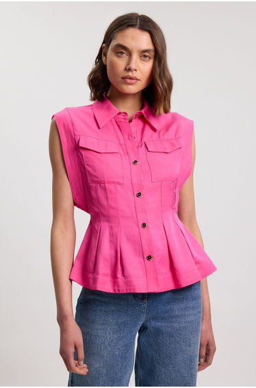 Premium Viscose Linen Topstitch Woven Blouse With Waist Seam Detail