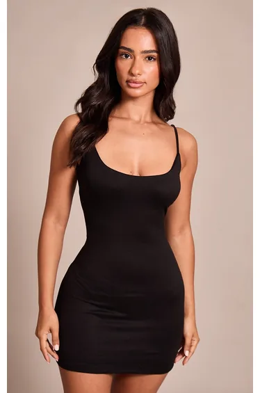 فستان جيرسية ضيق بحمالات رفيعة لون أسود - للمقاسات الصغيرة