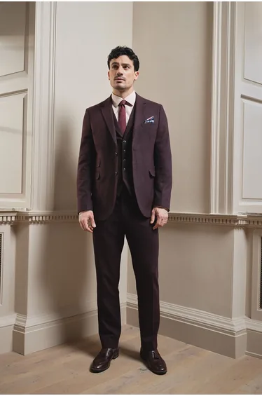 Burgundy Tweed Look Tailored Fit Trousers