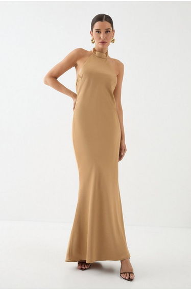 High Neck Satin Cowl Back Bridesmaid Dress