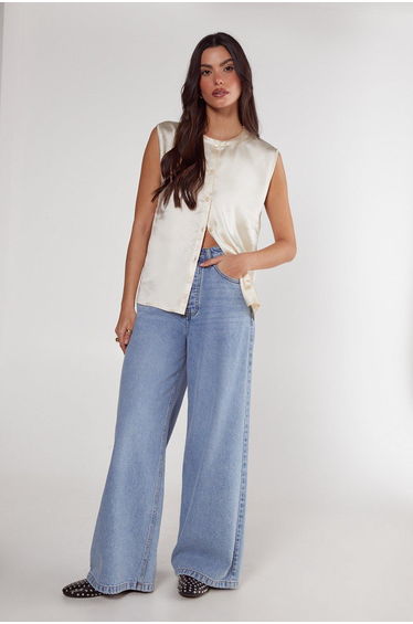 Textured Satin Button Through Collarless Shirt