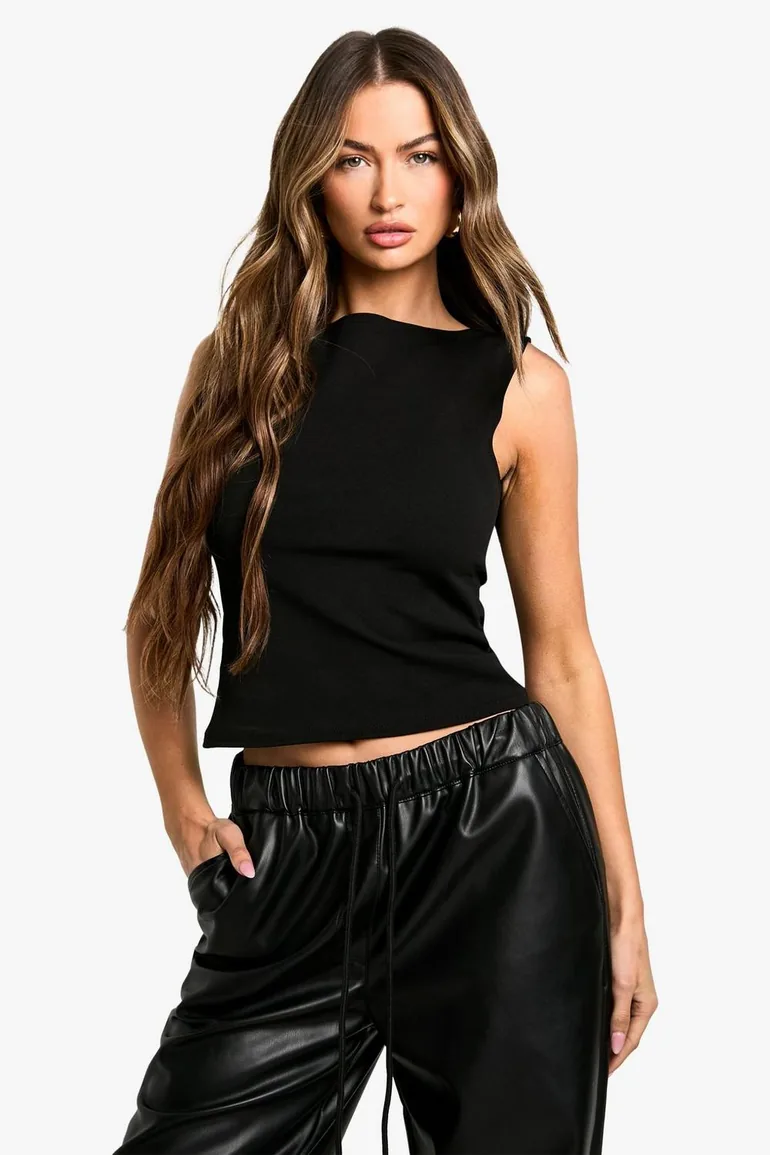 Crepe Slash Neck Sleeveless Top - 1