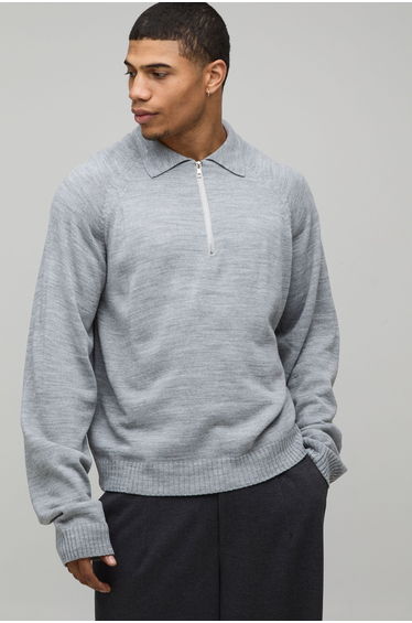 Regular 1/4 Zip Knitted Polo - light grey