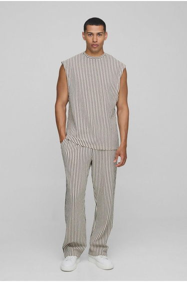 Regular Fit Drop Shoulder Jacquard Stripe Tank & Jogger Set - chocolate