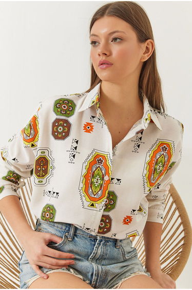 Women's Sleeve Folded Patterned Linen Shirt