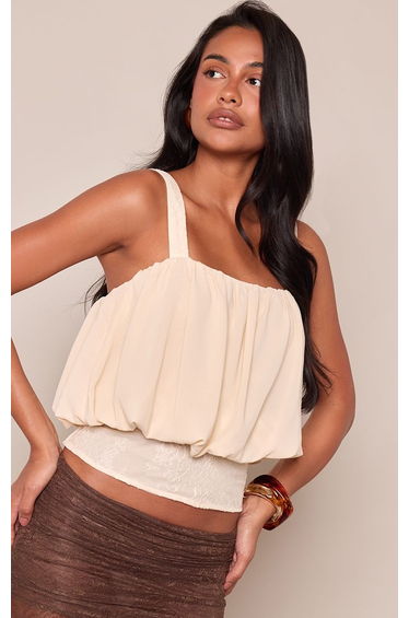 Cream Chiffon Lace Detail Puffball Top