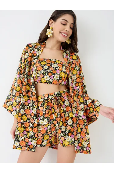Multi Floral Print Crop Top, Shorts and Shrug Co-Ords