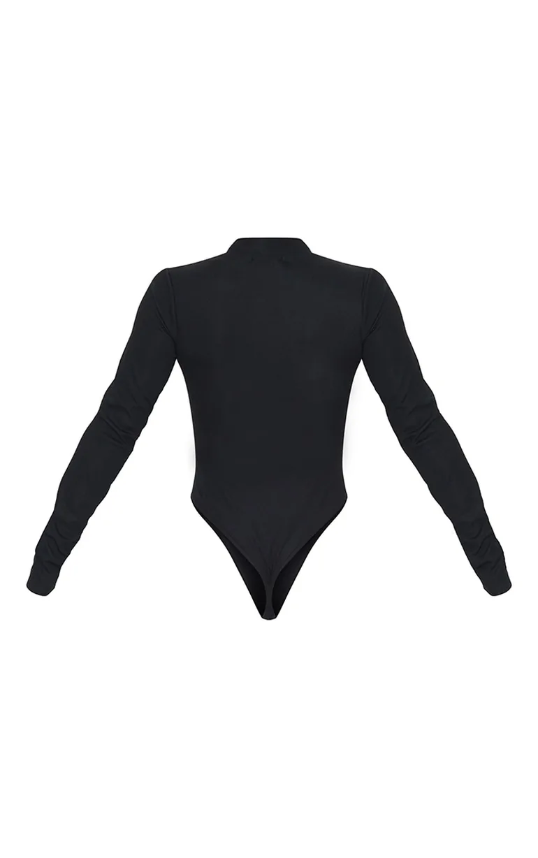 Black Rib Zip Up Long Sleeve Bodysuit - 5