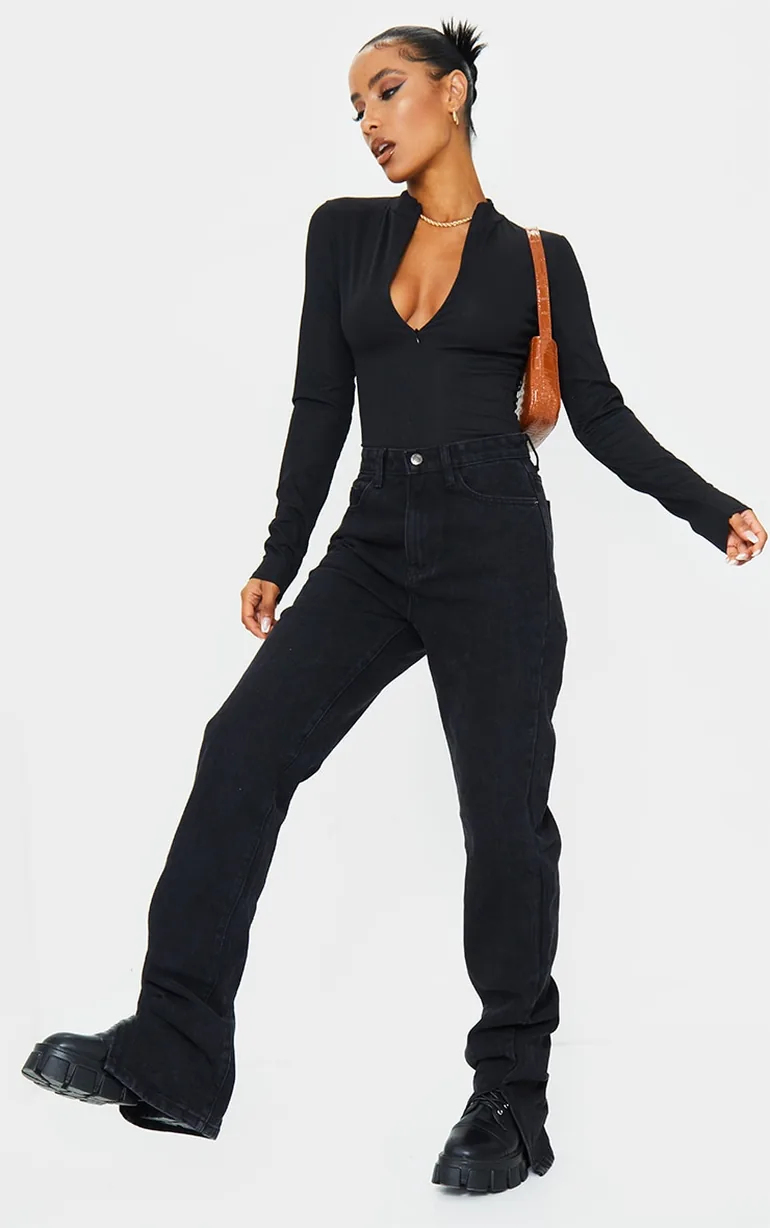 Black Rib Zip Up Long Sleeve Bodysuit - 2