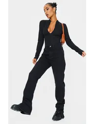 Black Rib Zip Up Long Sleeve Bodysuit - 2