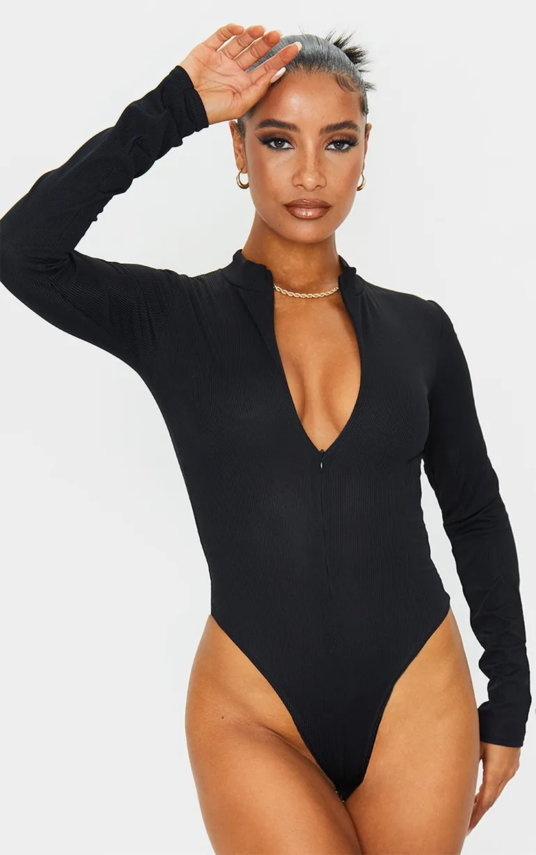 Black Rib Zip Up Long Sleeve Bodysuit - 1