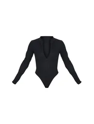 Black Rib Zip Up Long Sleeve Bodysuit - 4