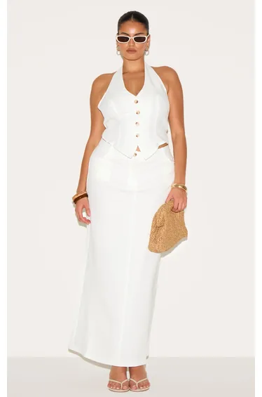 Plus White Tailored Woven Maxi Skirt