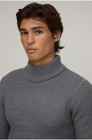 Muscle Fit Ribbed Roll Neck Knitted Jumper - charcoal product thumbnail 3