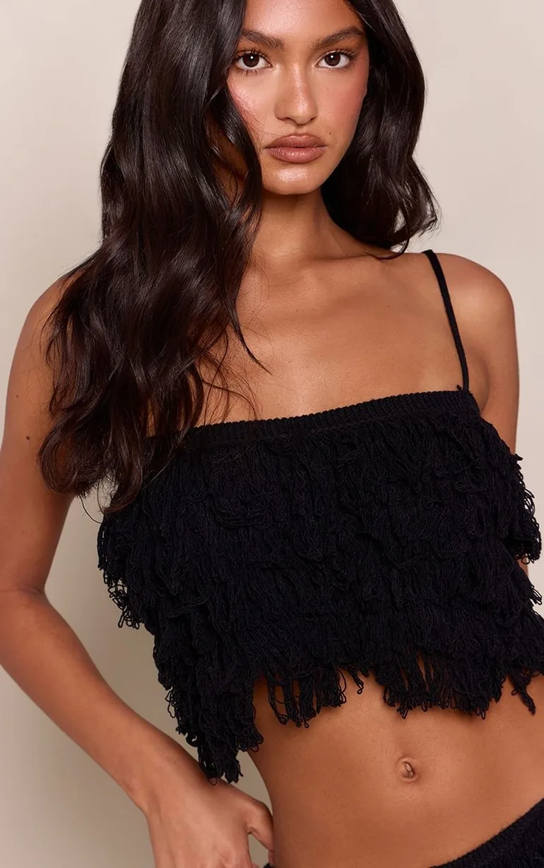 Black Loop Knit Fringe Cropped Bandeau - 4