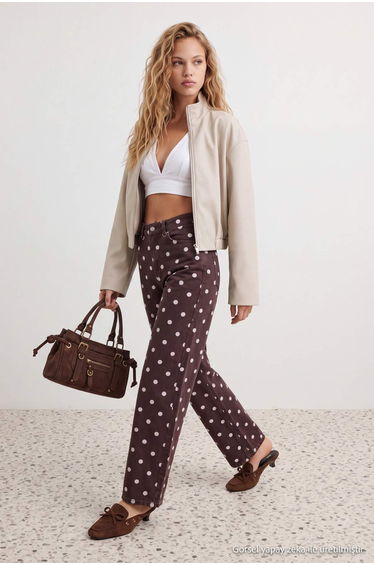 Multi-Colored Brown Polka Dot Patterned High Waist Wide Leg Jeans product thumbnail 2