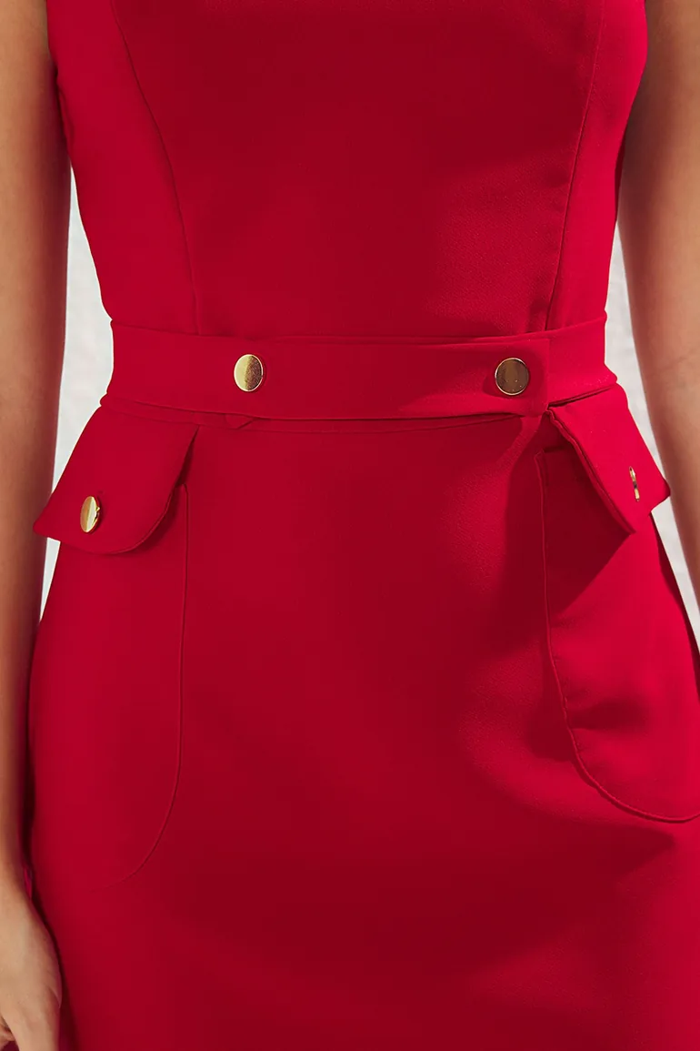 Red Belted Plain Mini Woven Dress - 3