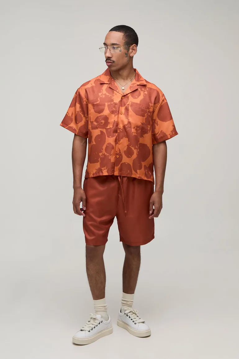 Oversized Boxy All Over Print Shirt & Short Set - orange
