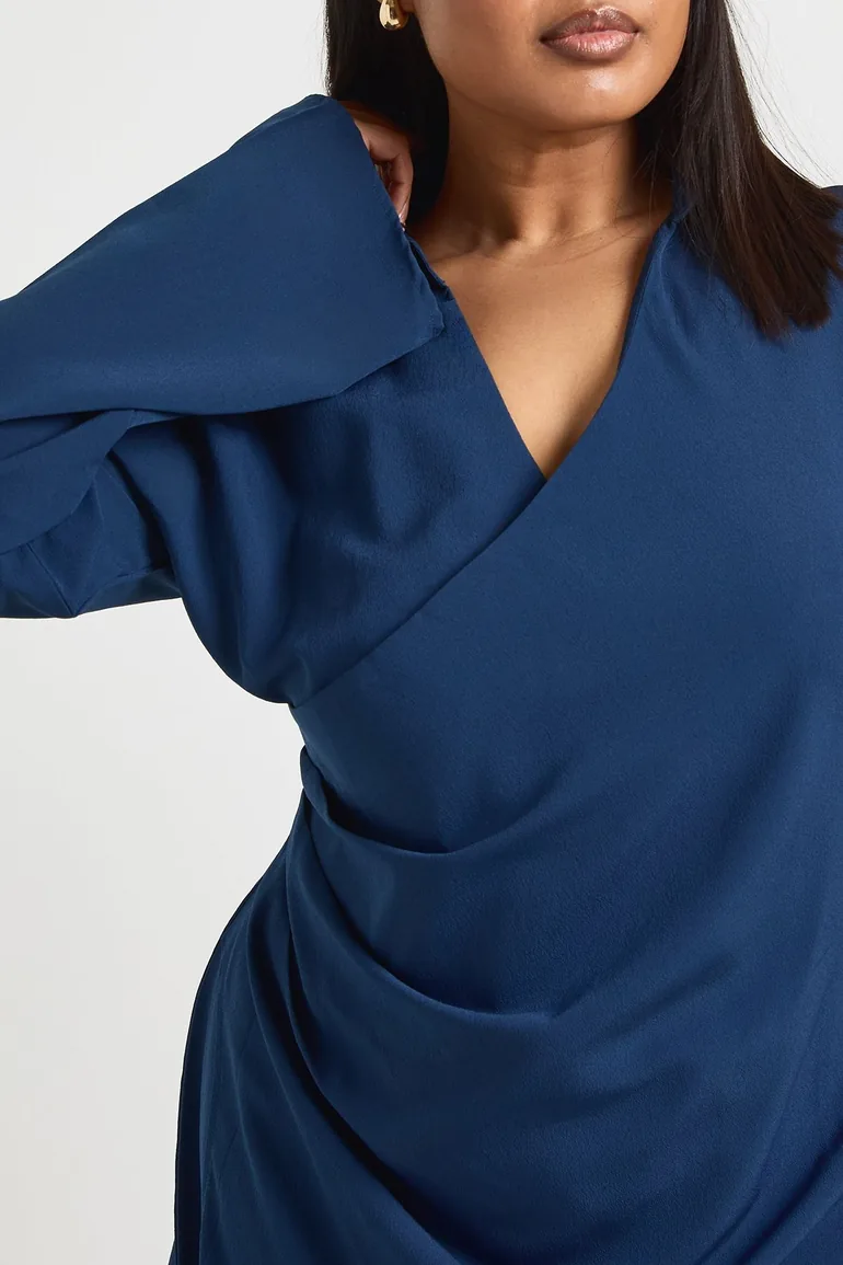 Plus Woven Wrap Drape Detail Mini Dress - navy - 3