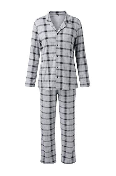 Grey Regular Fit Plaid Checked Shirt-Pants Knitted Pajamas Set product thumbnail 2